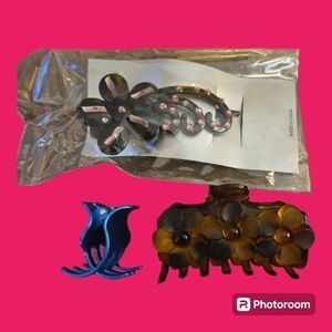 Floral and Blue Metallic Hair Claw Clips